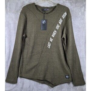 SAW Men's Olive Green Textured Knit Sweater XXL Distressed Raw Hem Graphic